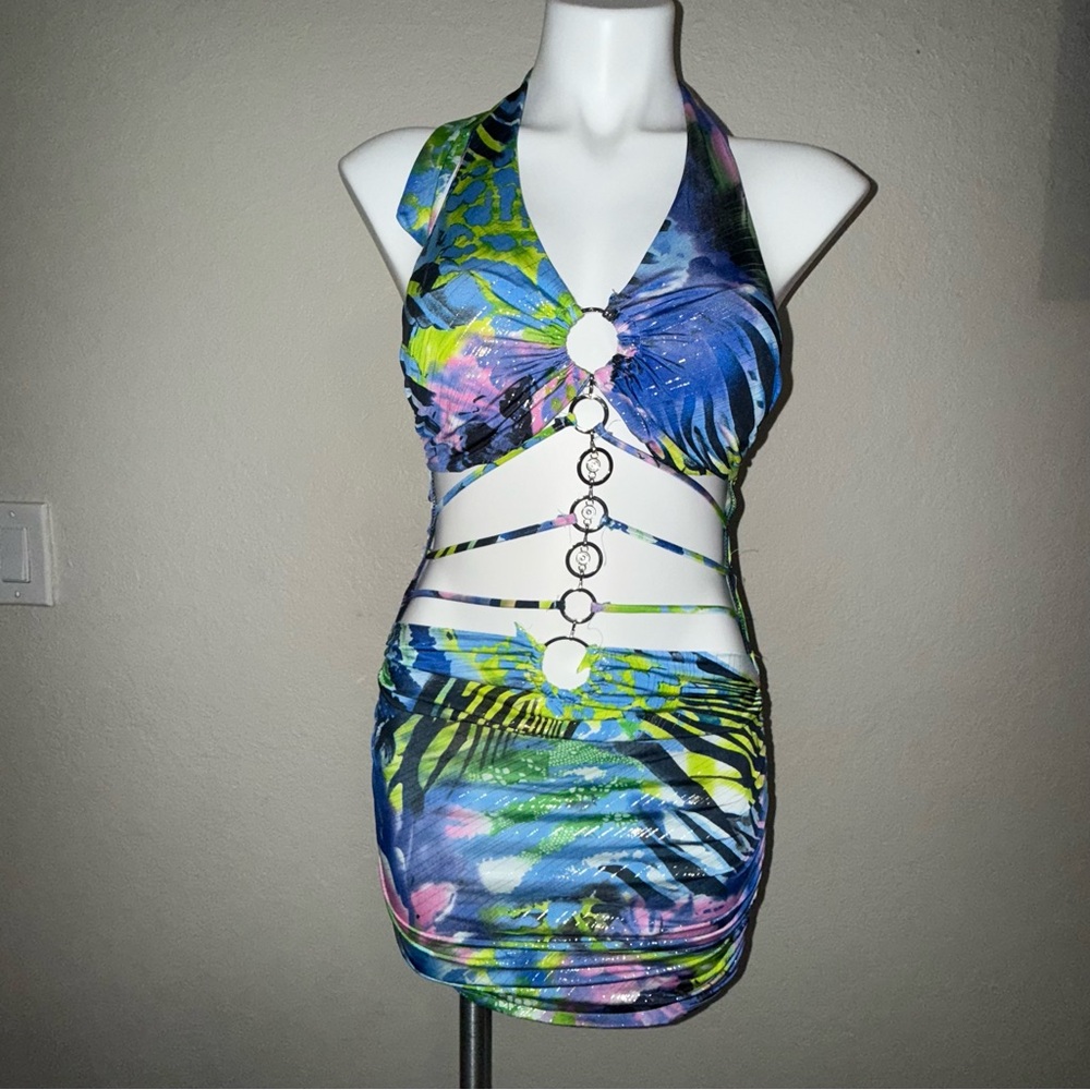 Y2K Tropical Halter Cutout Dress